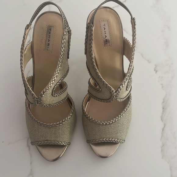 TAHARI Linen and Bronze Heeled Stiletto Sandals size 10 - Picture 4 of 10